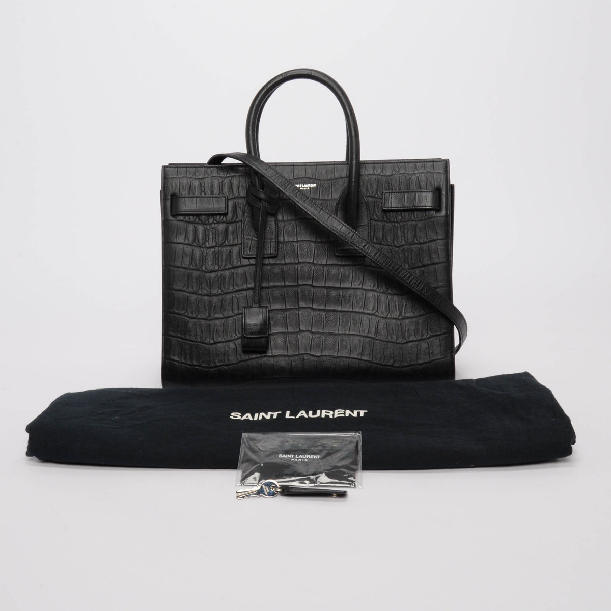 Saint Laurent Black Croc Embossed Small Sac de Jour Tote