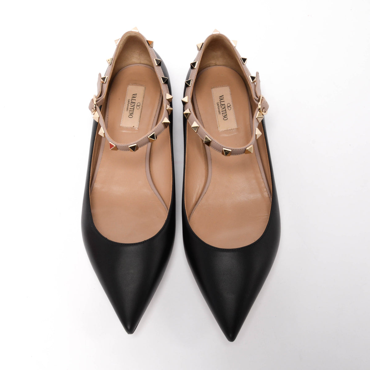 Valentino Black & Poudre Calfskin Rockstud Ankle Strap Ballerina Flats 41