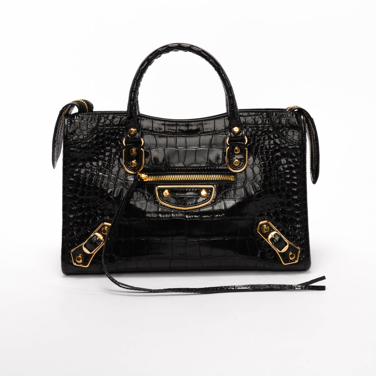 Balenciaga Black Croc Embossed Metallic Edge Small City Bag