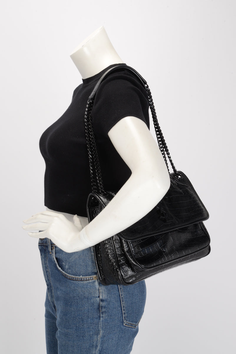 Saint Laurent Black Croc Embossed Medium Niki Bag