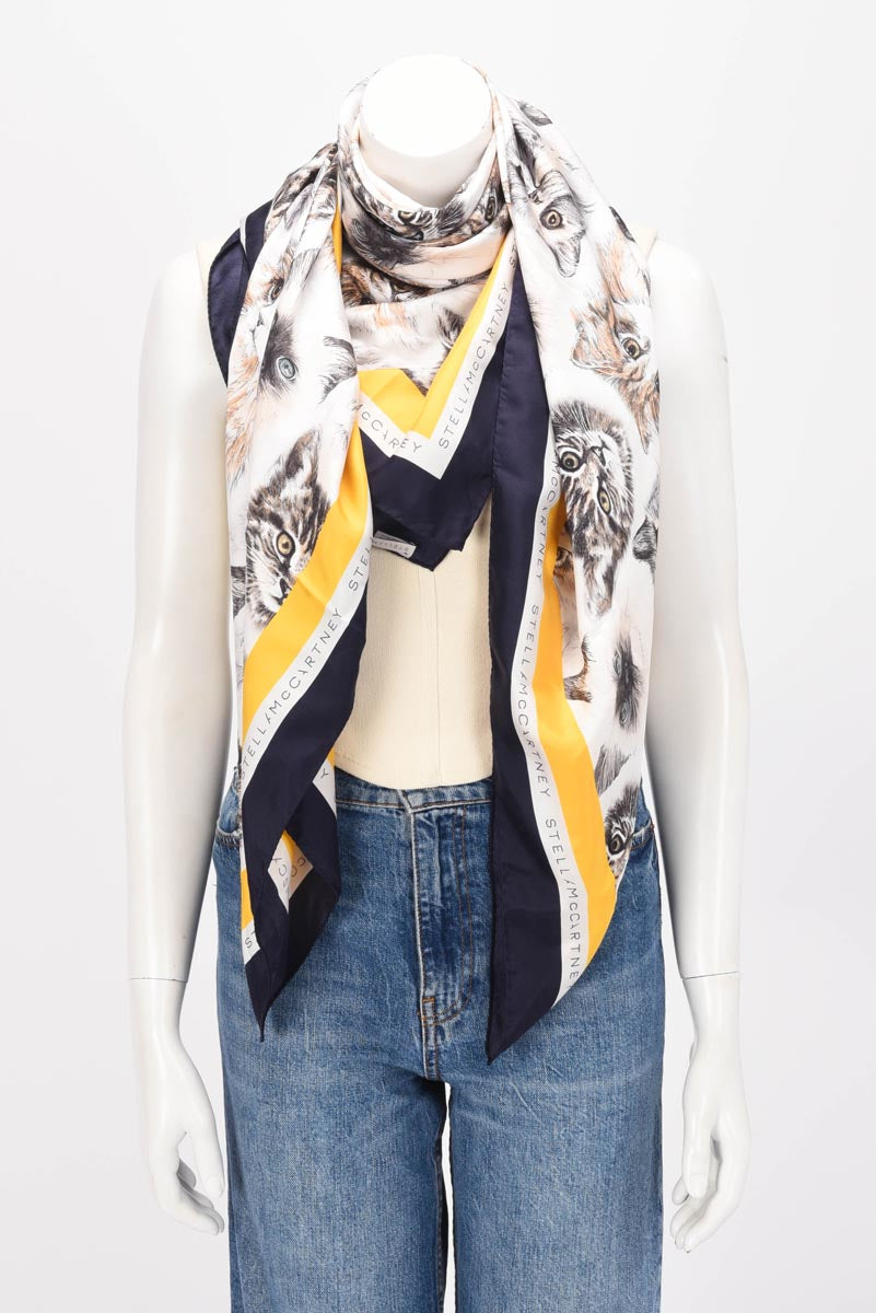 Stella McCartney Navy Silk Cat Face Print Scarf