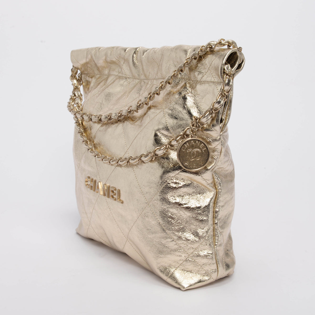 Chanel Light Gold Metallic Crumpled Calfskin Small 22 Bag