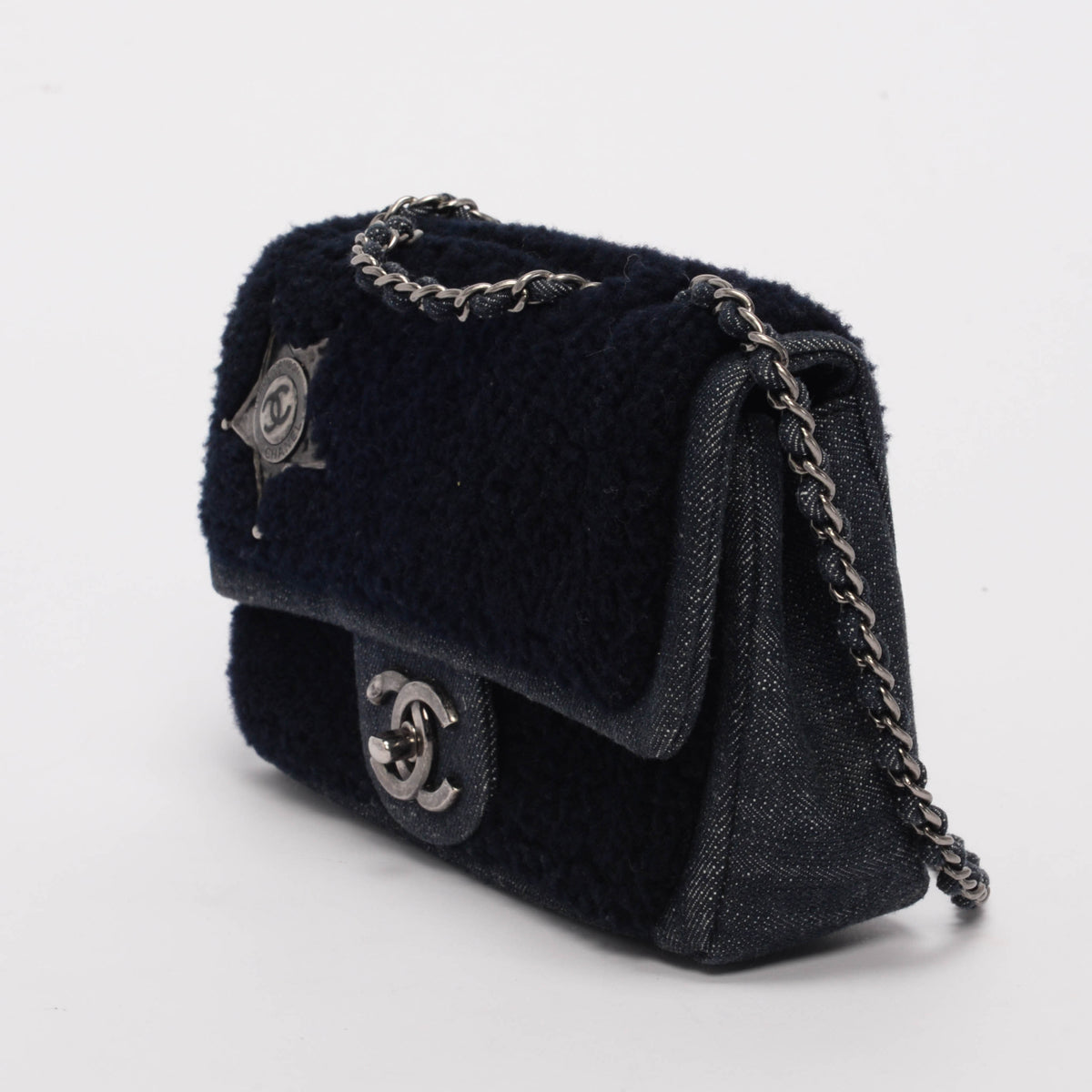 Chanel Navy Denim & Shearling Paris to Dallas Small Flap Bag