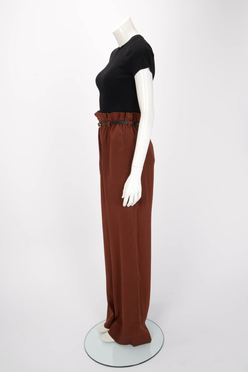 Chloe Rosewood Brown Crepe De Shine Paperbag Belted Pants FR38