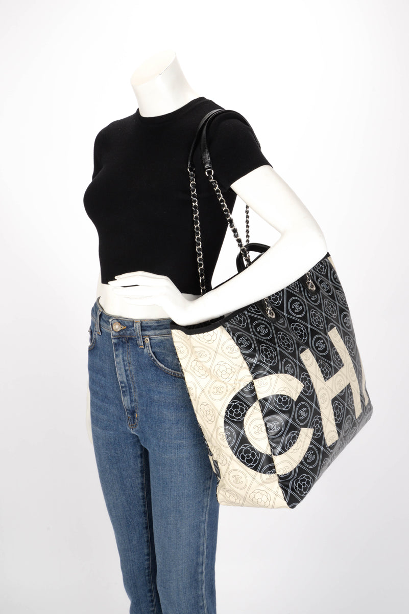 Chanel Black & Ivory Coated Canvas Camellia Tote