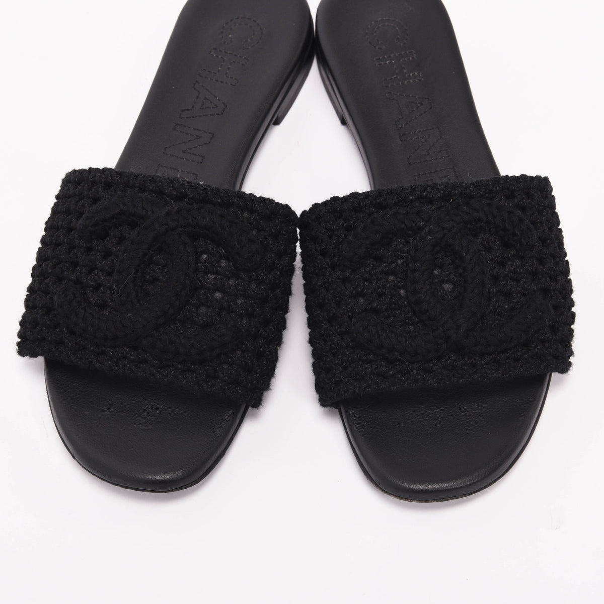 Chanel Black Crochet Knit CC Slides 35