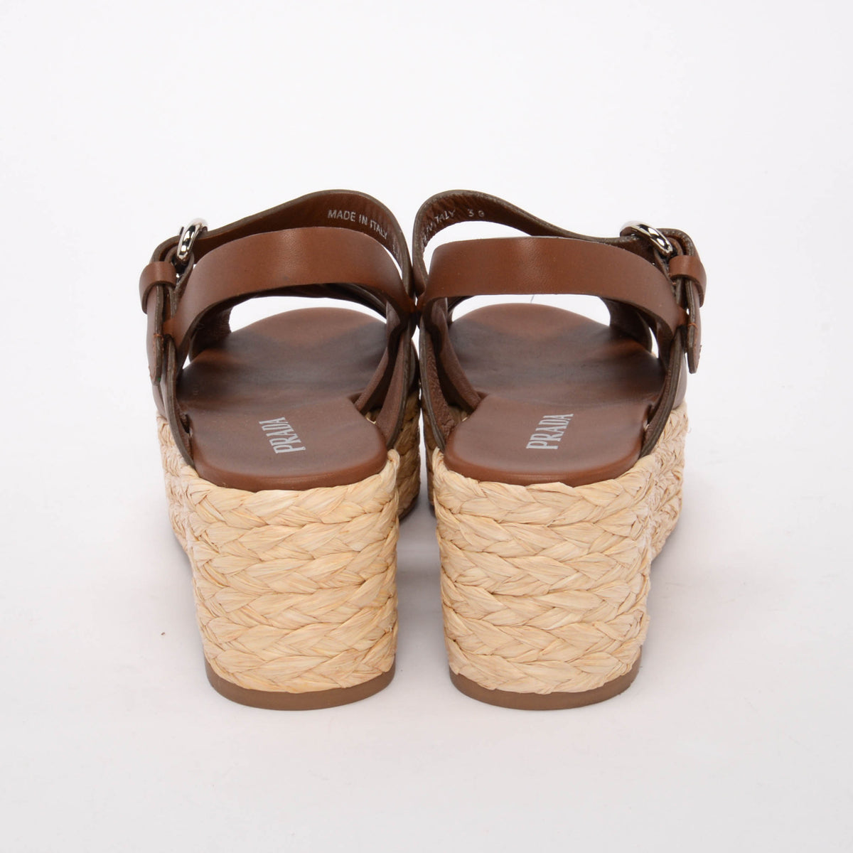 Prada Brown Calfskin & Raffia Espadrille Wedges 38