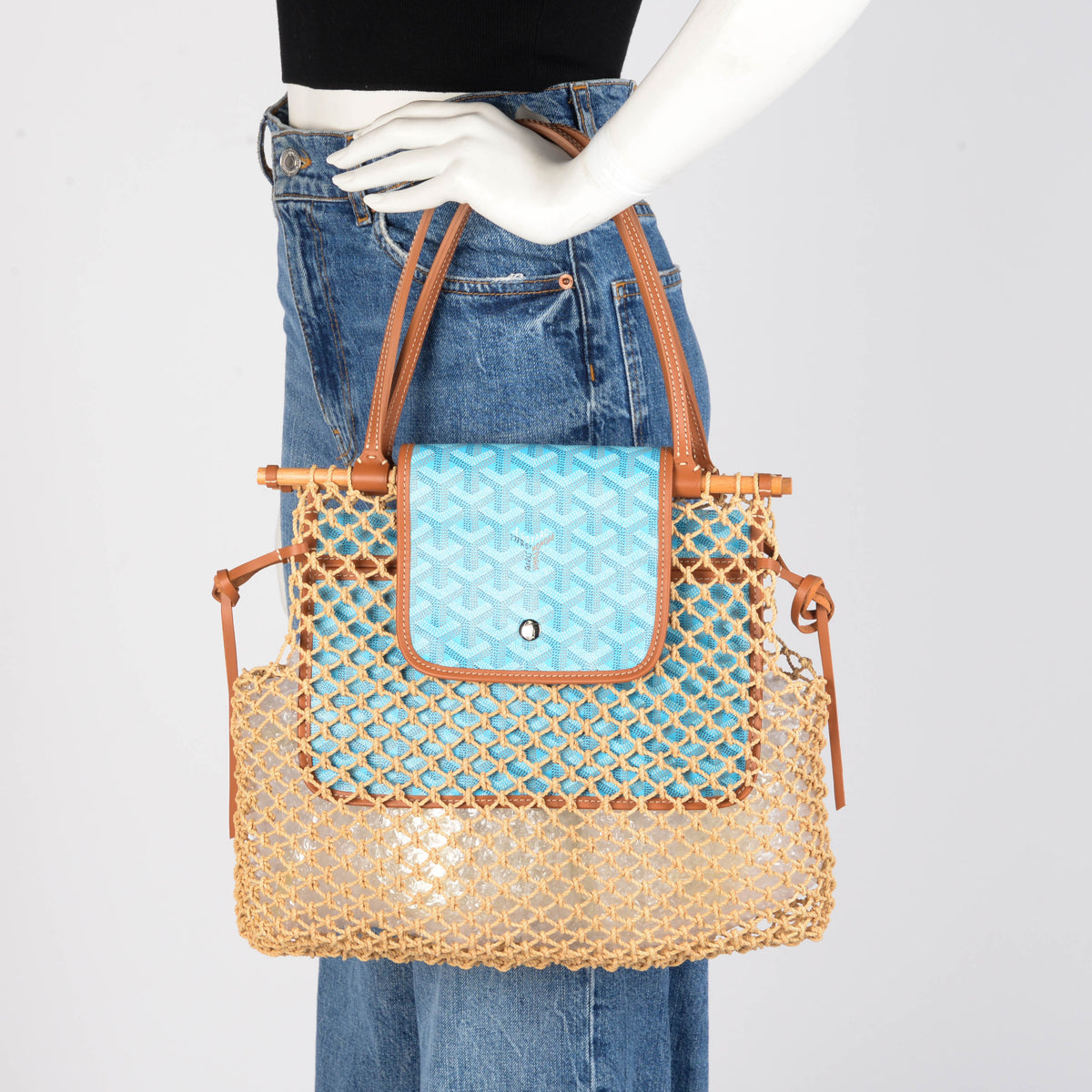 Goyard Turquoise Goyardine Canvas & Raffia Mesh Aligre Tote