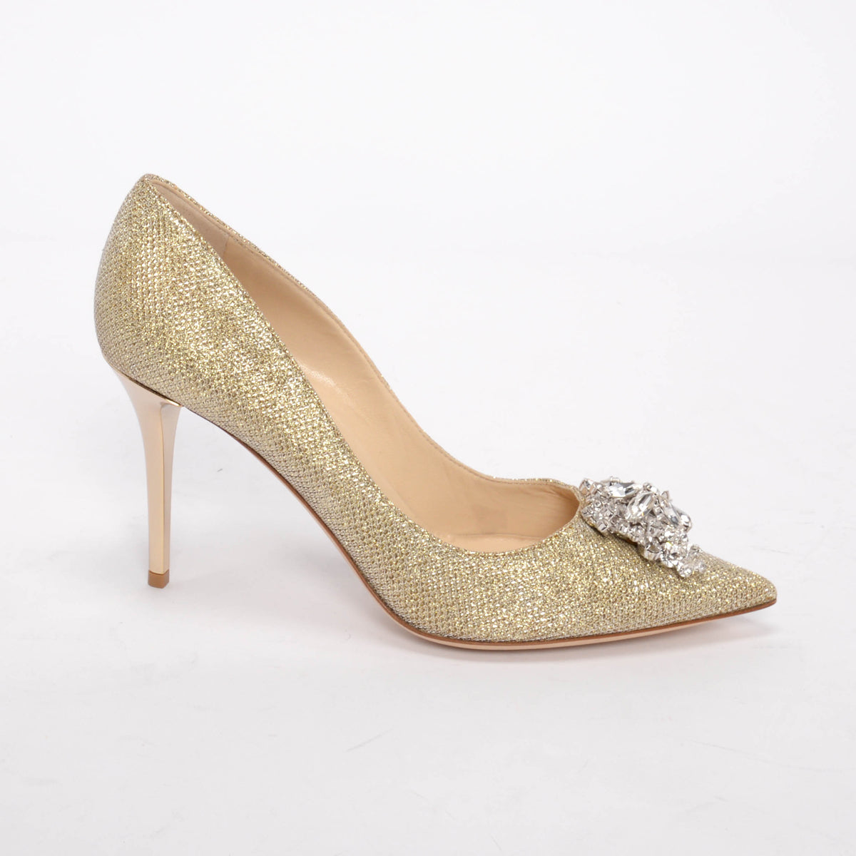 Jimmy Choo Gold Lurex Crystal Mamey Pumps 37