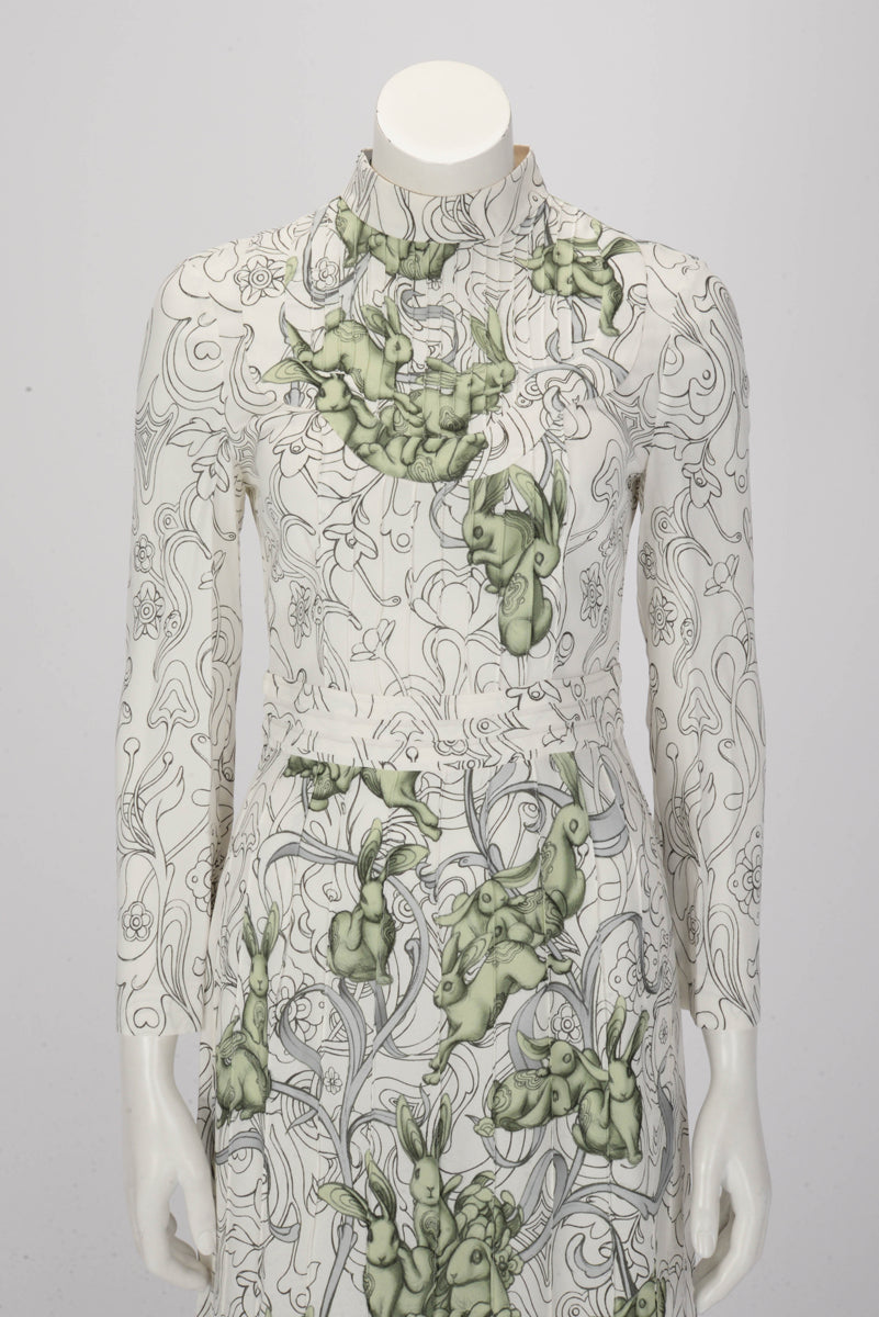 Prada White & Green Rabbit Liberty Print Longsleeve Dress IT 40