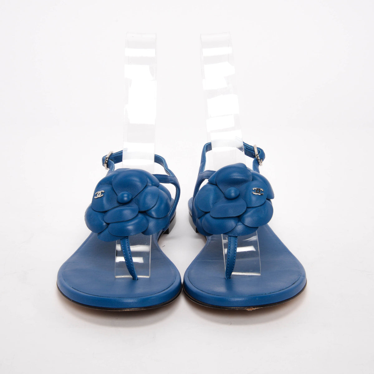 Chanel Blue Lambskin CC Camellia Thong Sandals 37