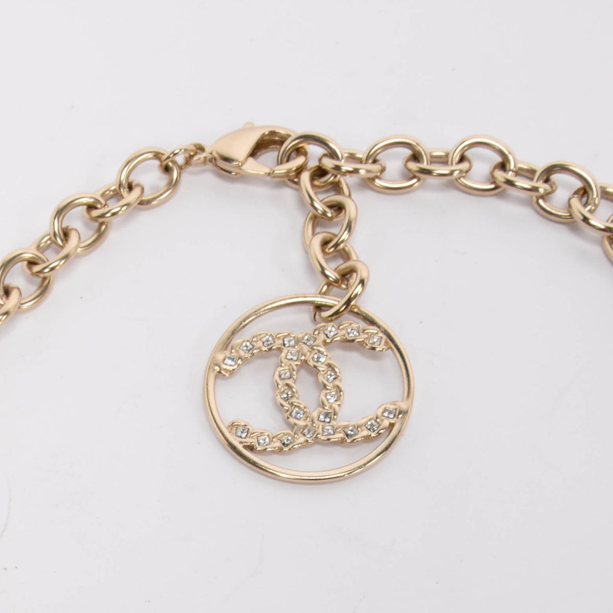 Chanel Light Gold Crystal Logo Spellout Necklace