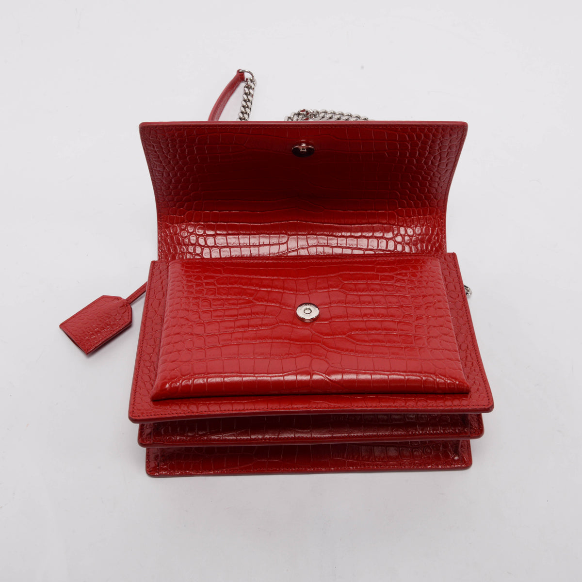 Saint Laurent Red Croc Embossed Medium Sunset Shoulder Bag