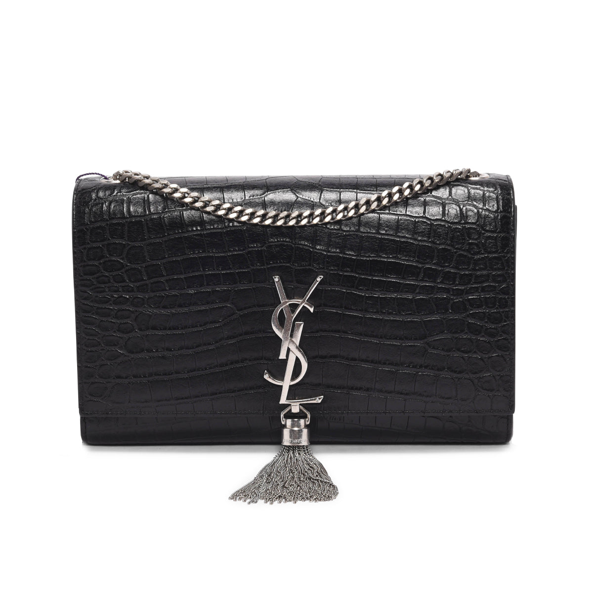 Saint Laurent Black Croc Embossed Medium Kate Tassel Bag