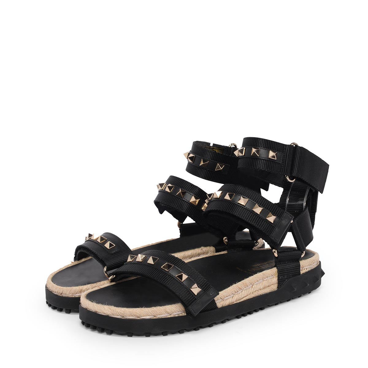 Valentino Black Nylon Rockstud Espadrille Sandals 36