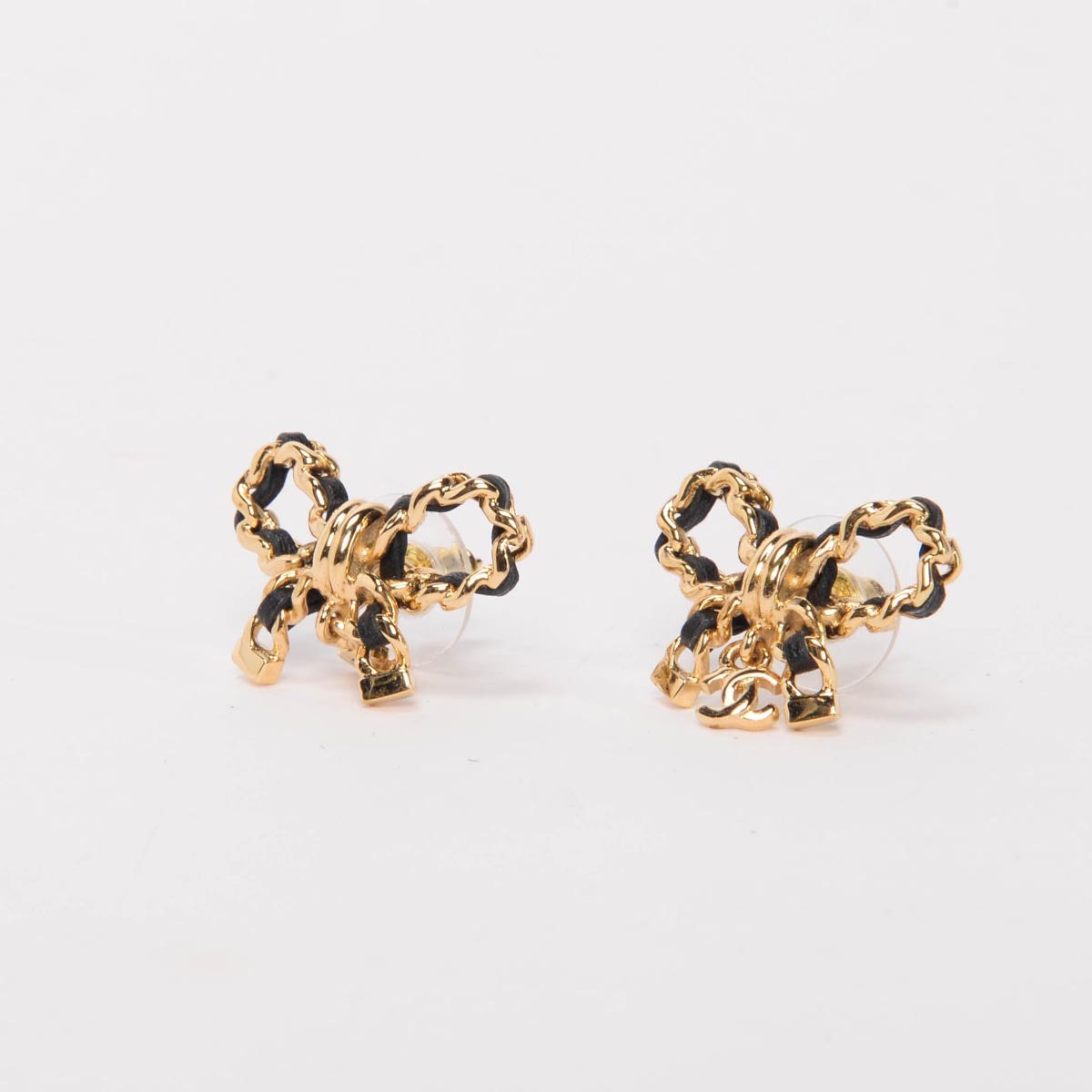 Chanel Gold Tone Chain Bow Stud Earrings