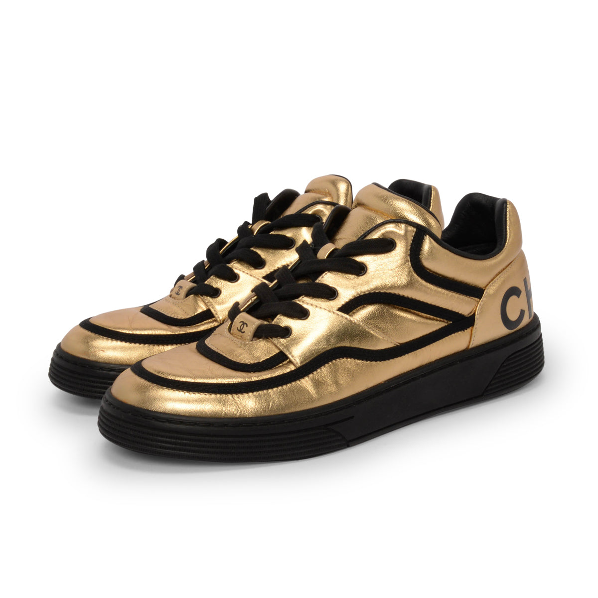 Chanel Gold Metallic Lambskin CC Logo Sneakers 40