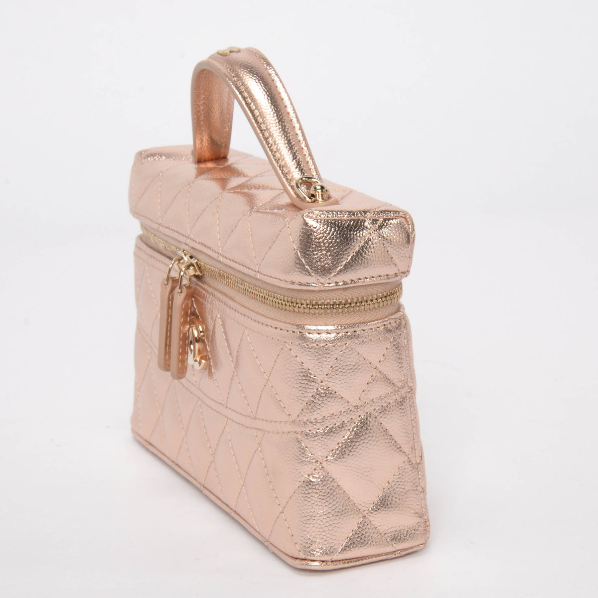Chanel Rose Gold Quilted Caviar Top Handle Slim Vanity Case