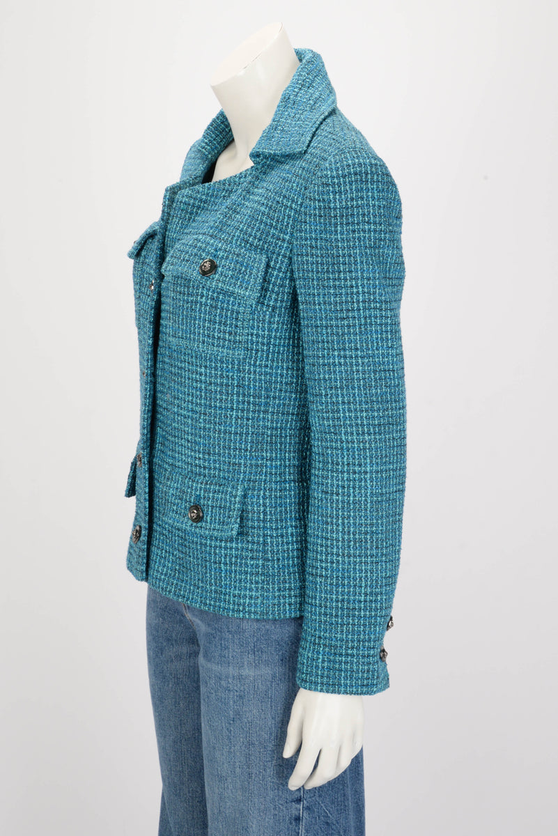 Chanel Turquoise Tweed Lion Button Jacket FR 38