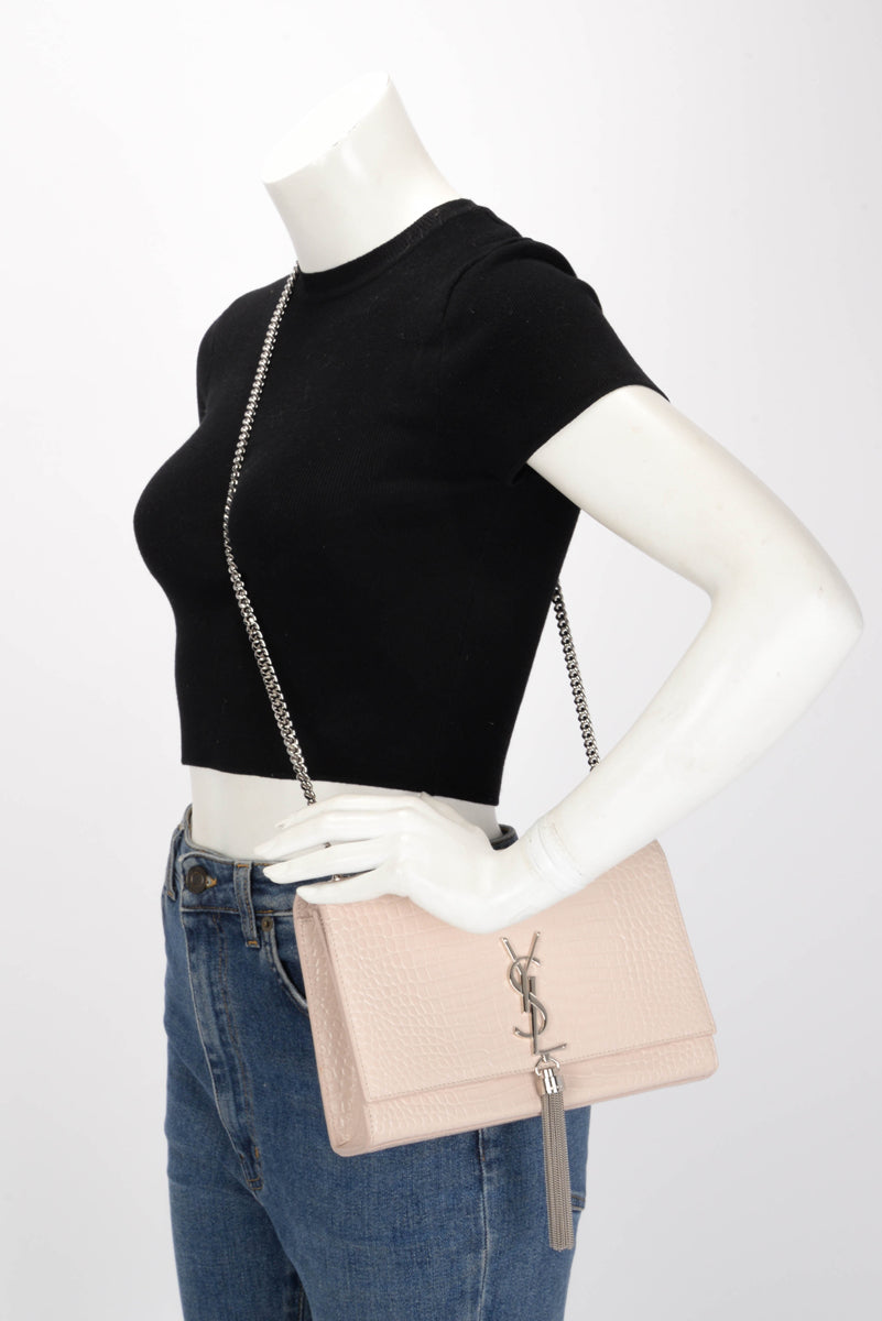 Saint Laurent Light Beige Croc Embossed Medium Kate Tassel Bag