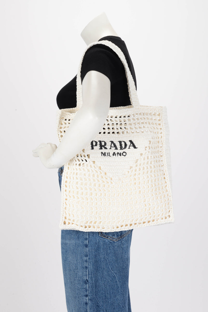 Prada White Raffia Crochet Tote Bag