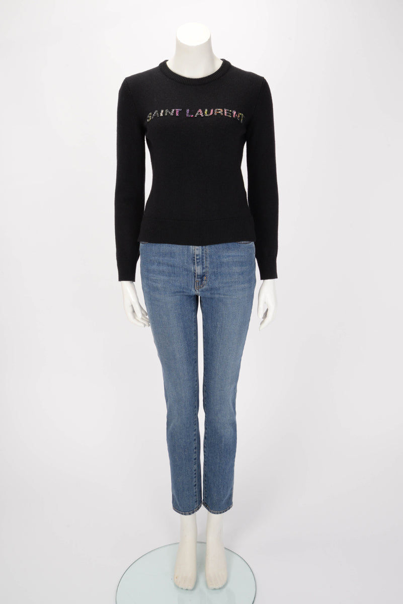Saint Laurent Black Wool Beaded Logo Sweater XS