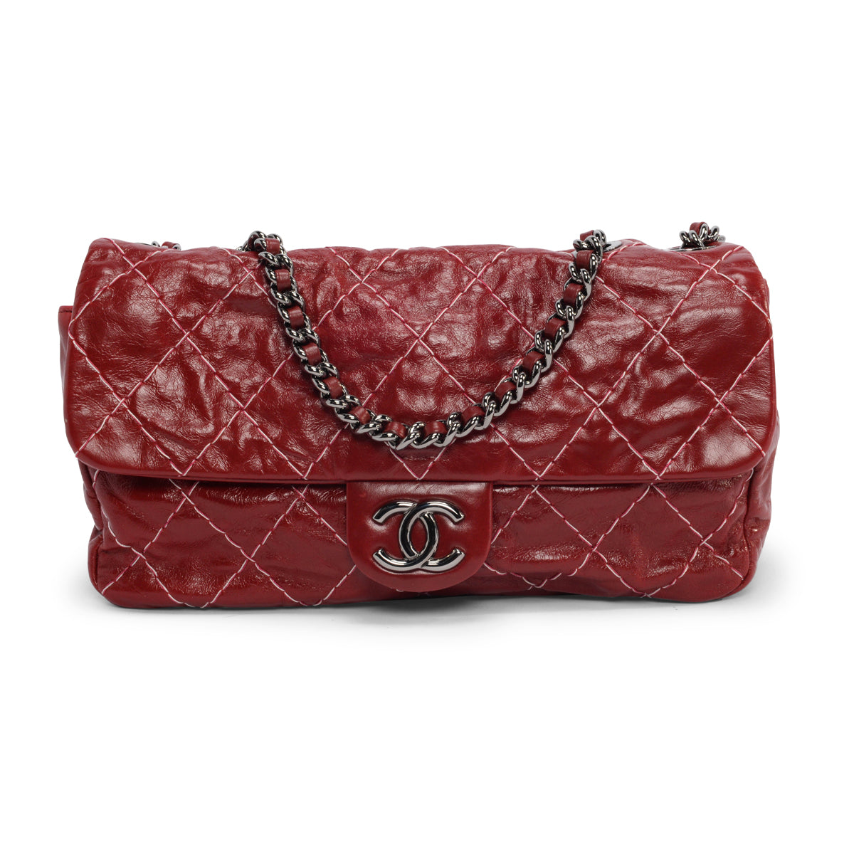 Chanel Dark Red Glazed Goatskin Double Stitch Flap Bag