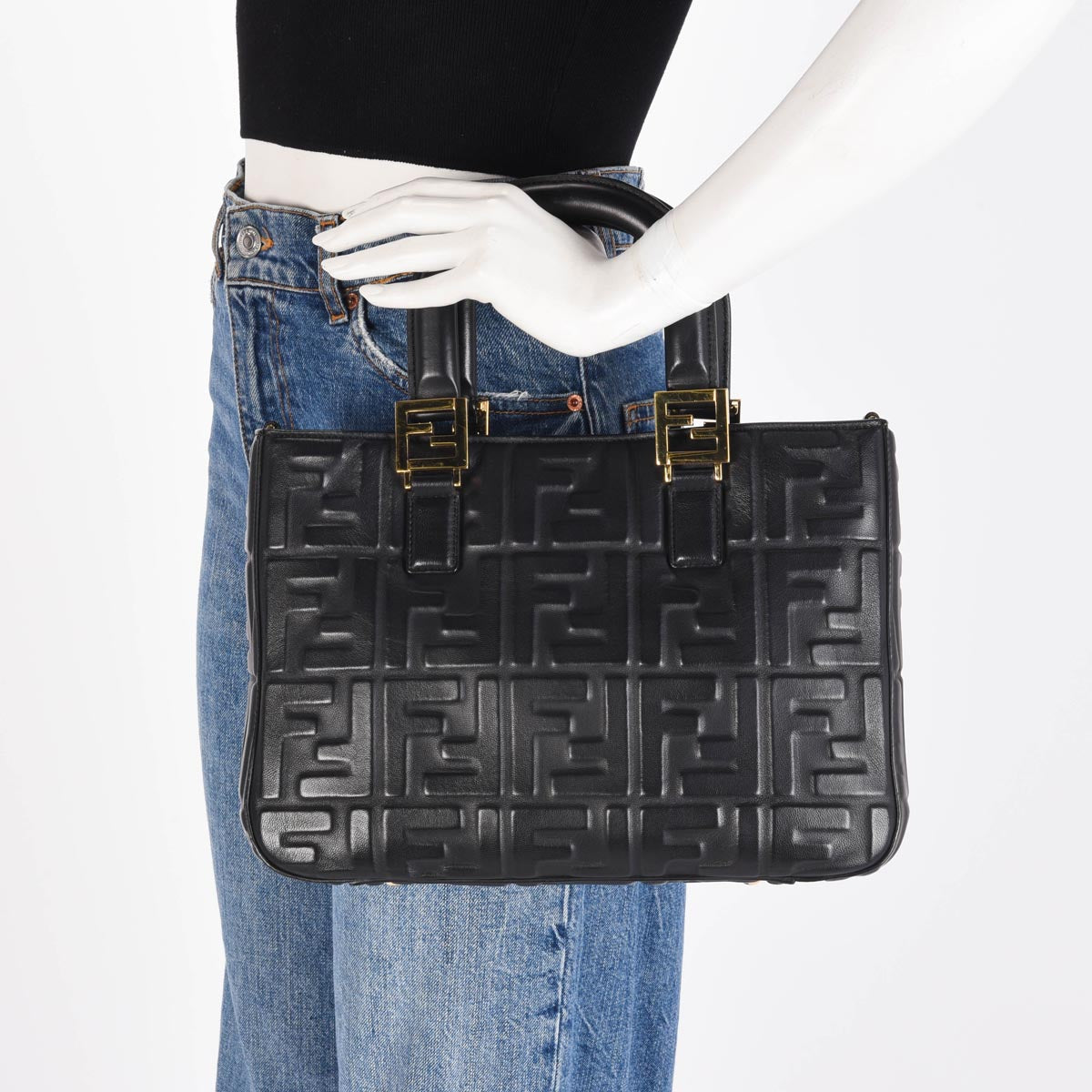Fendi Black Nappa FF 1974 Embossed Small Tote