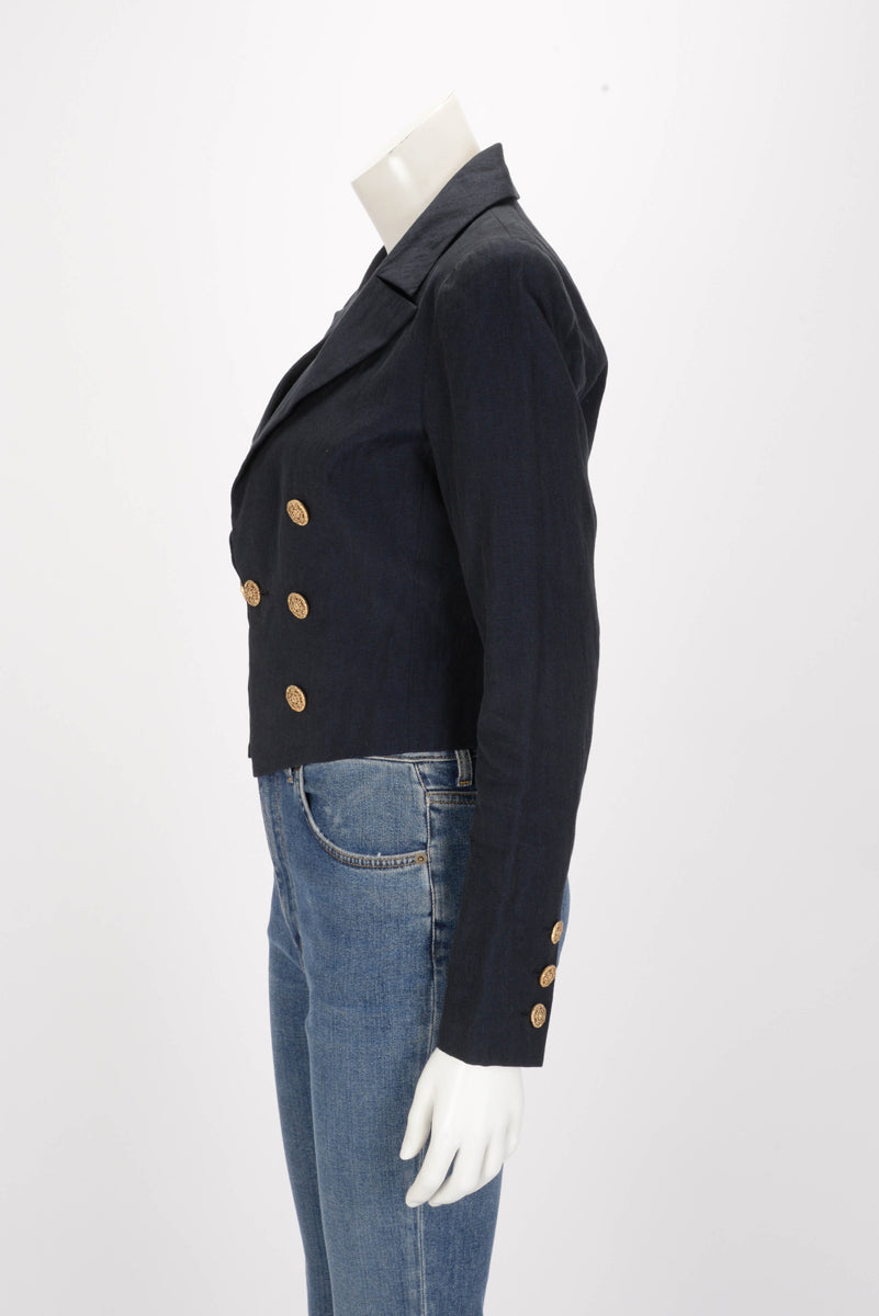 Chanel Navy Linen Cropped Military Jacket FR 38