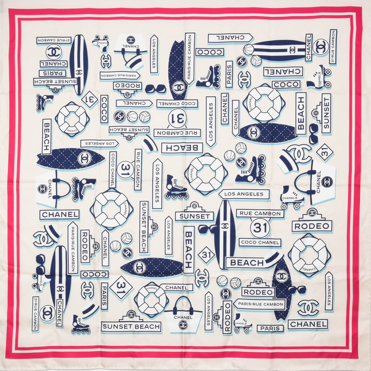 Chanel Ivory Silk CC Beach Logo Scarf