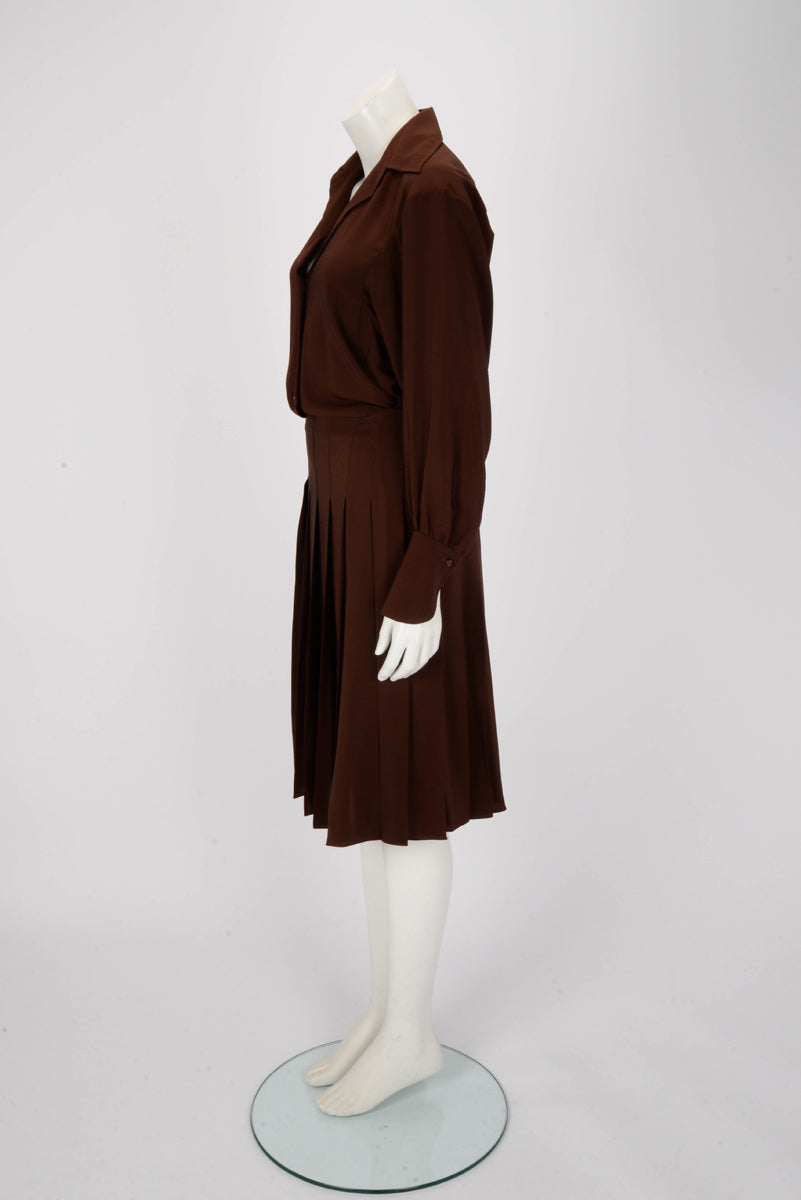 Chloe Brown Silk Pleated Shirt Dress FR 34