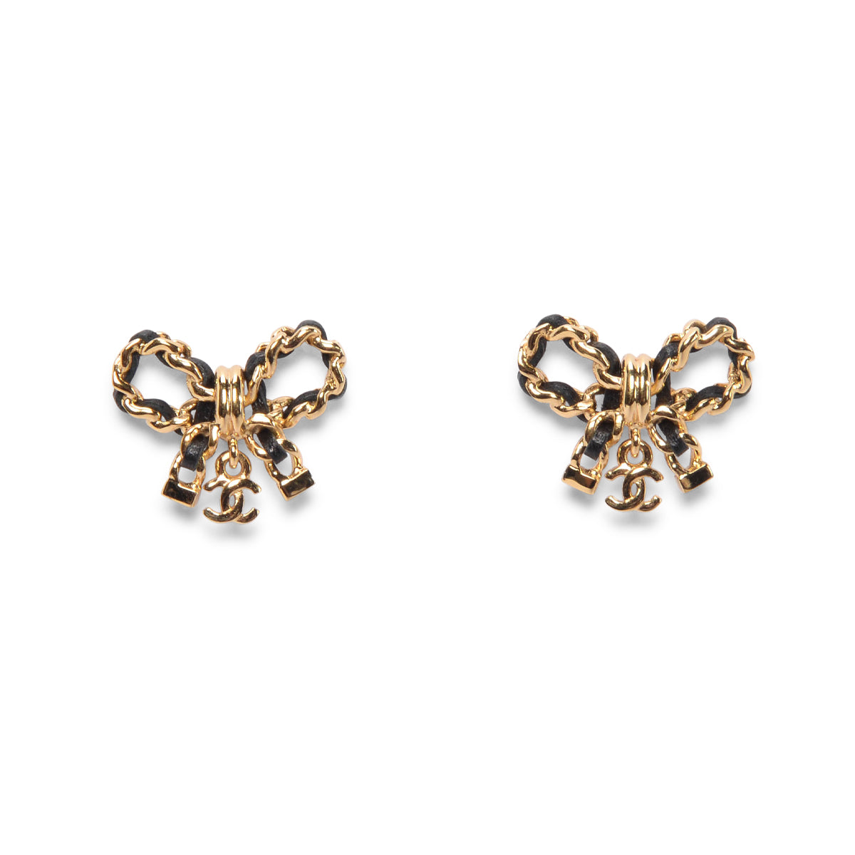 Chanel Gold Tone Chain Bow Stud Earrings