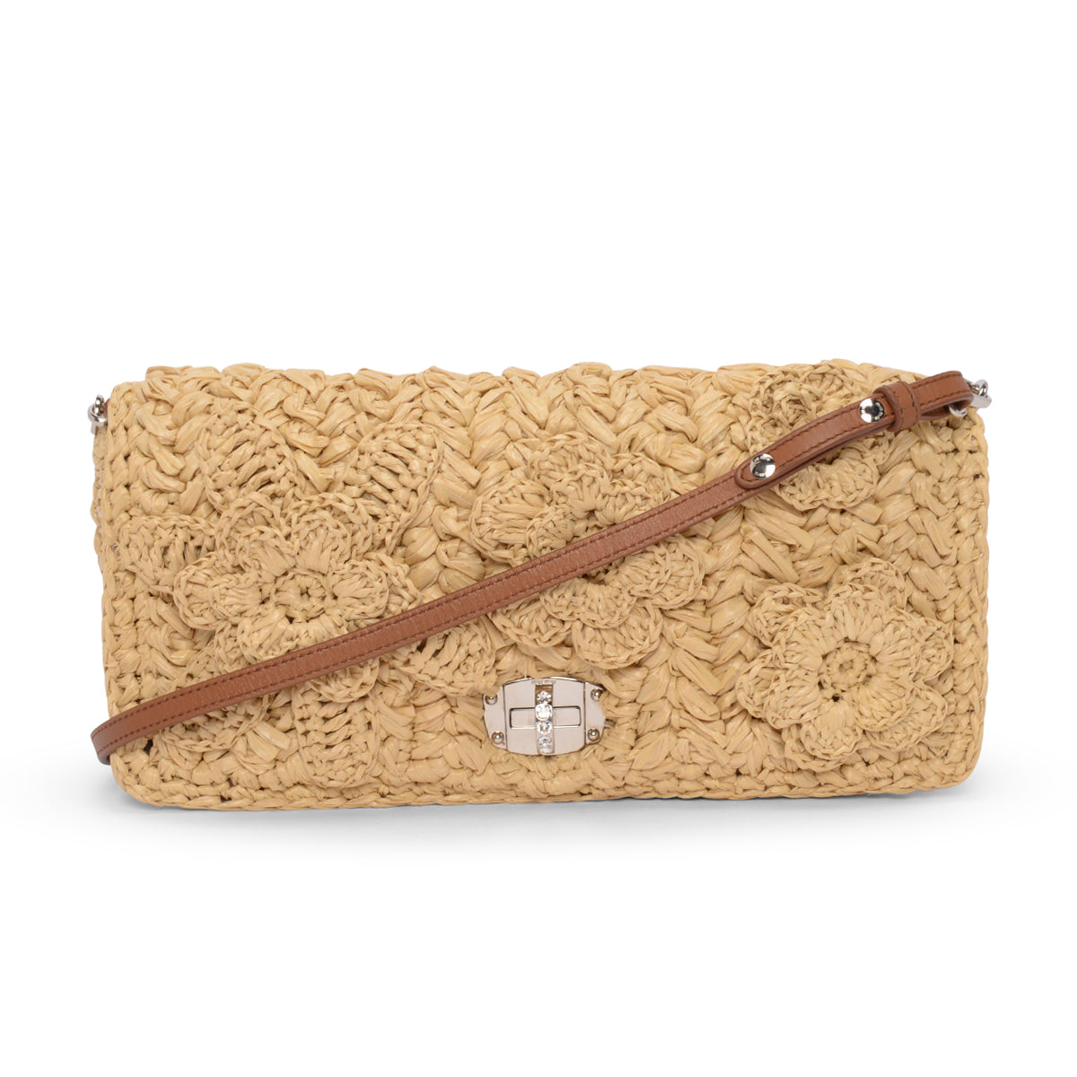 Miu Miu Beige Raffia Crystal Shoulder Bag
