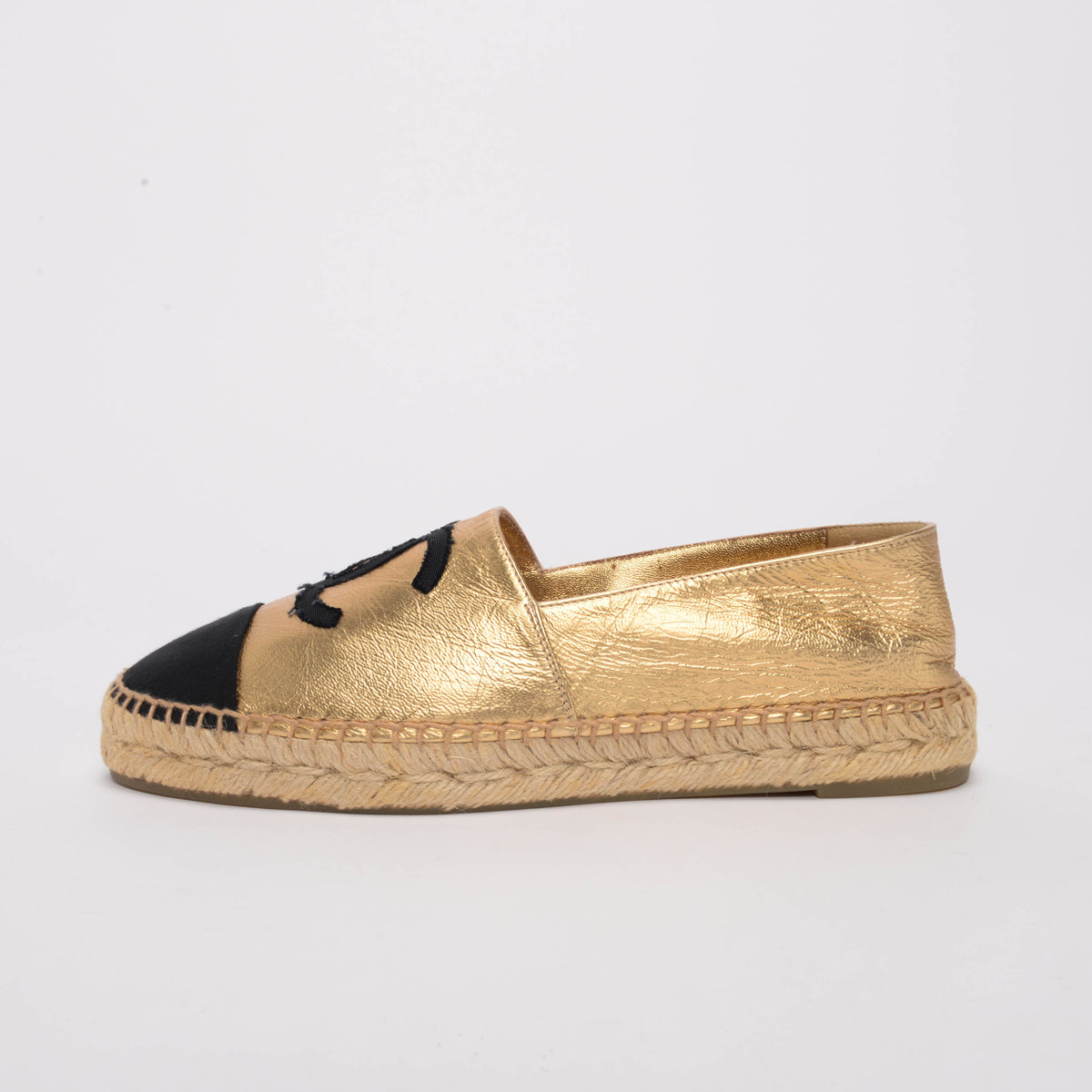 Chanel Gold & Black Lambskin CC Espadrilles 38