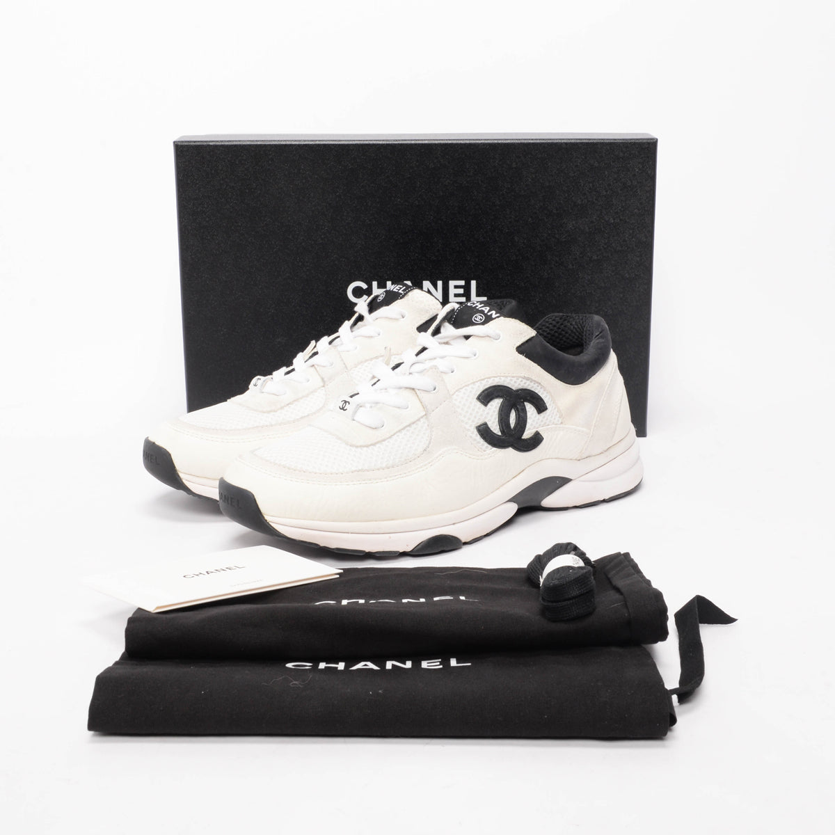 Chanel White & Black Mixed Fibers CC Sneakers 42