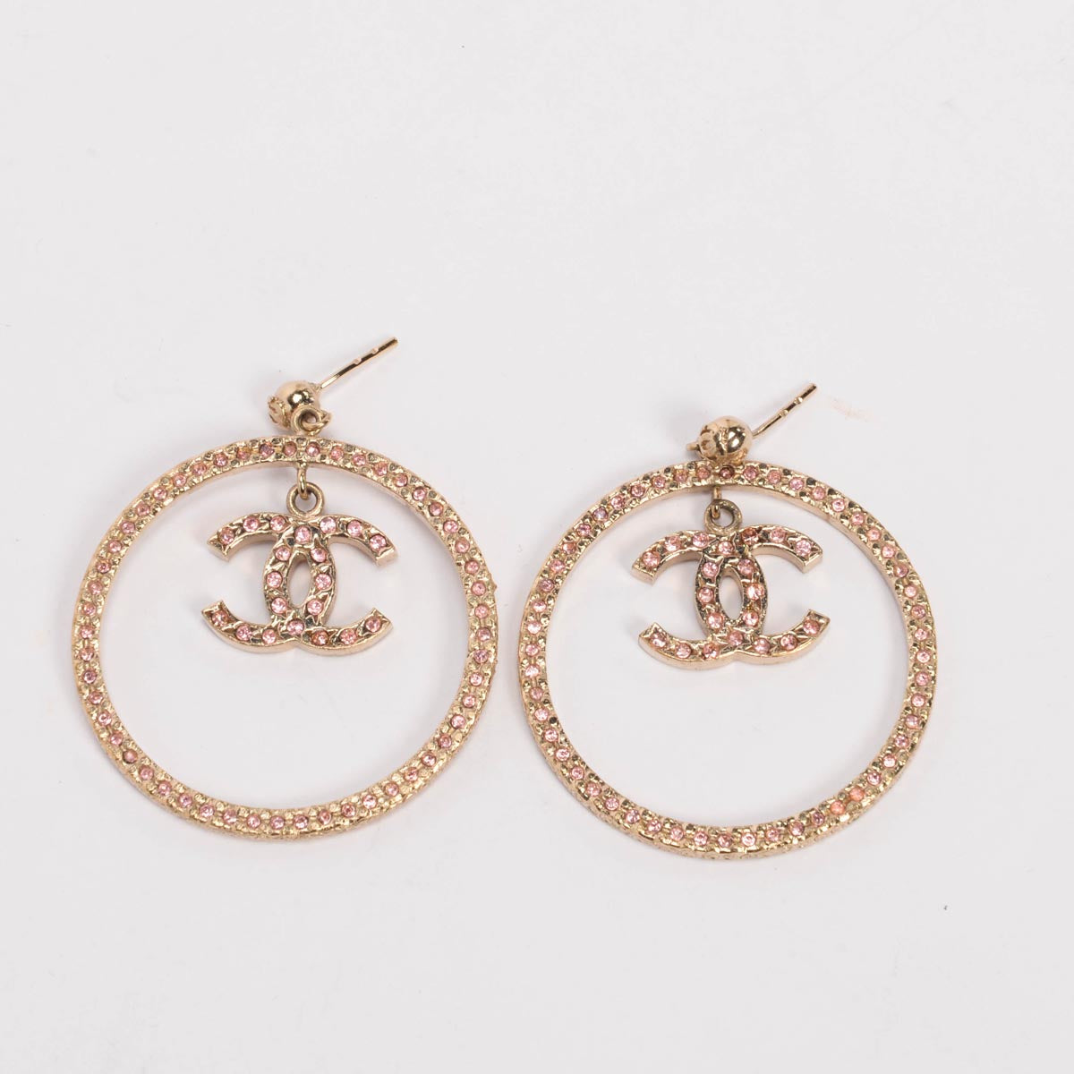 Chanel Light Gold & Pink Crystal CC Hoop Earrings