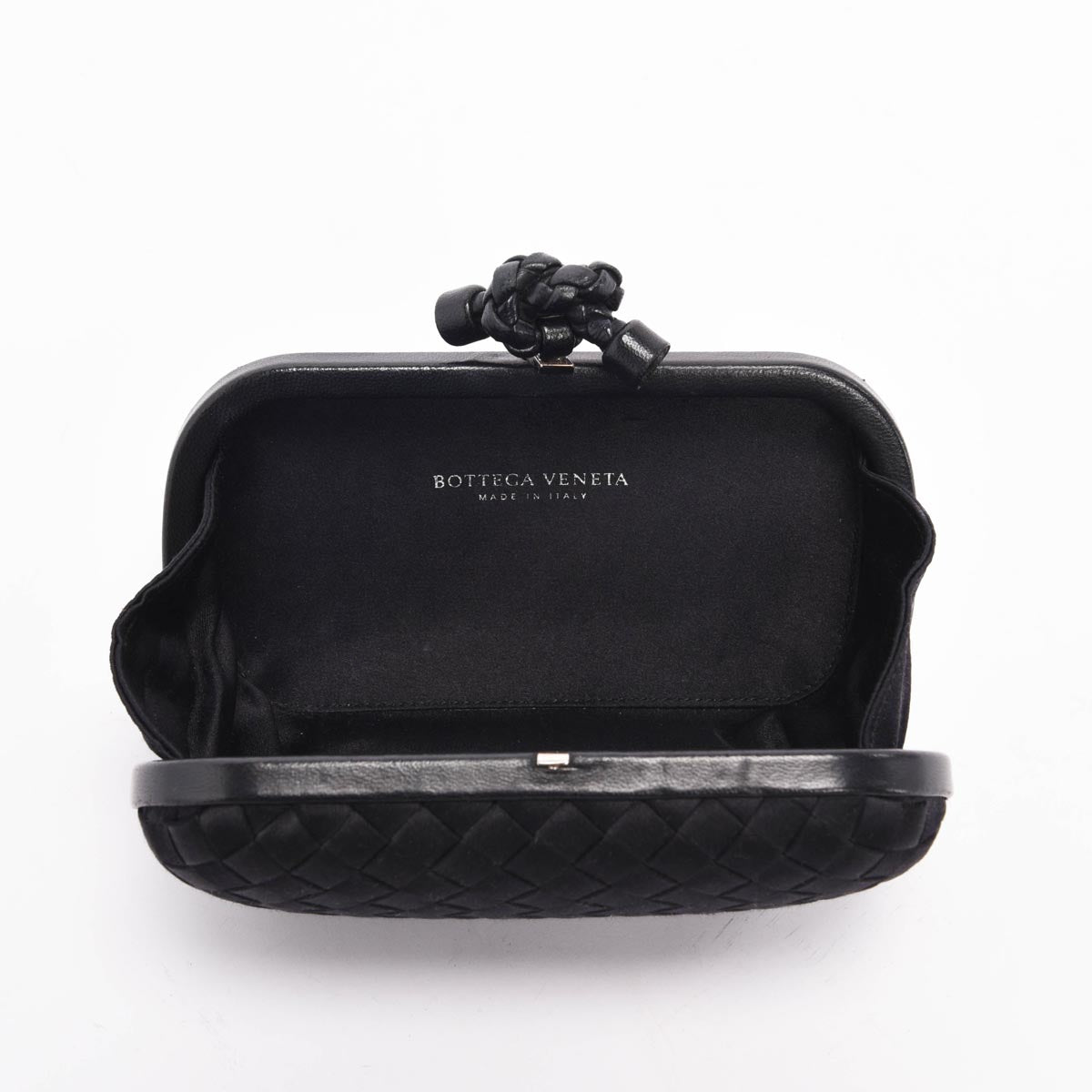 Bottega Veneta Black Satin Intrecciato Knot Clutch