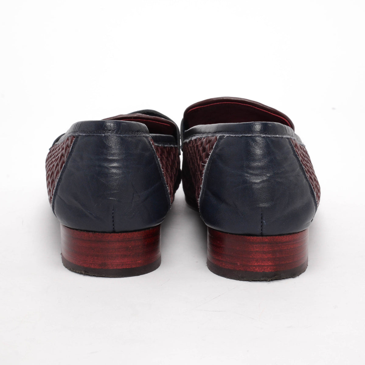 Chanel Burgundy & Navy Woven Leather CC Loafers 38.5