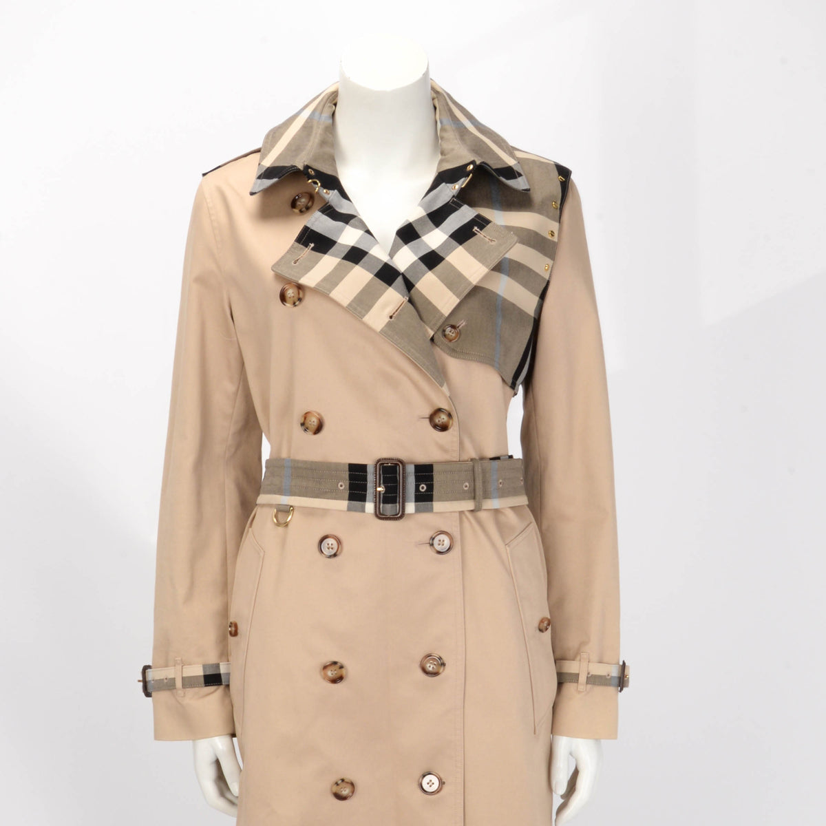 Burberry Soft Fawn Cotton Gabardine Check Panel Trench Coat UK 12