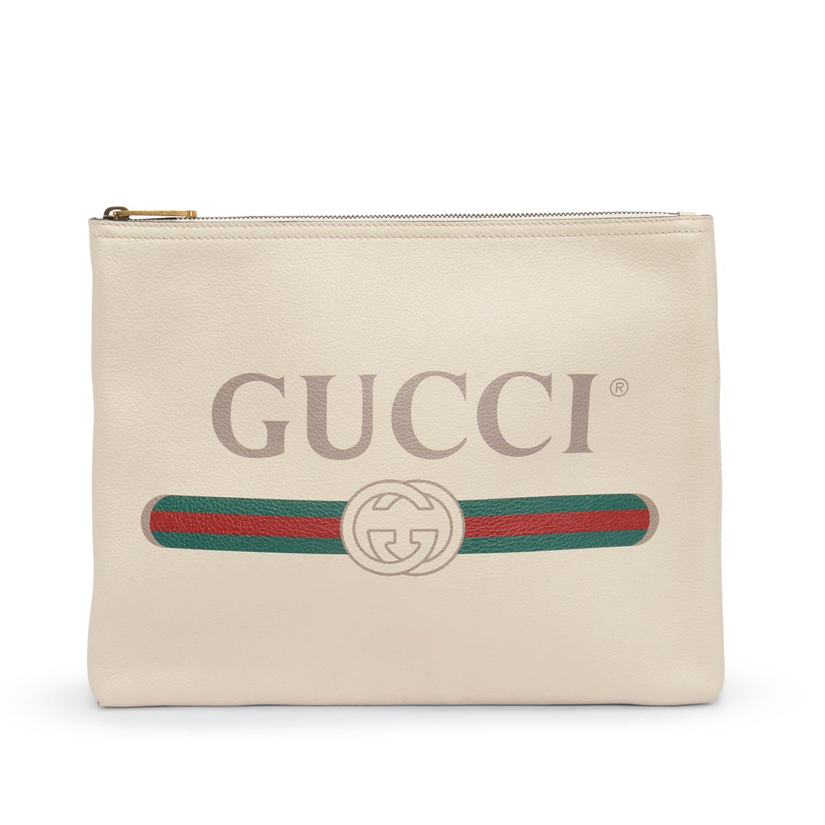 Gucci Cream Pebbled Calfskin Medium Logo Portfolio Pouch