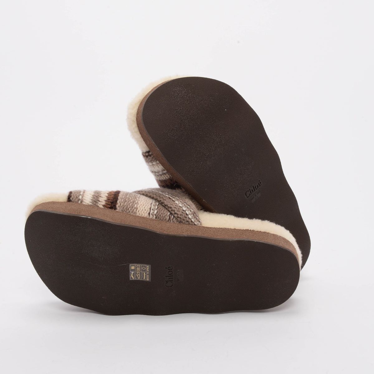 Chloe Brown Shearling Wavy Knit Slides 41