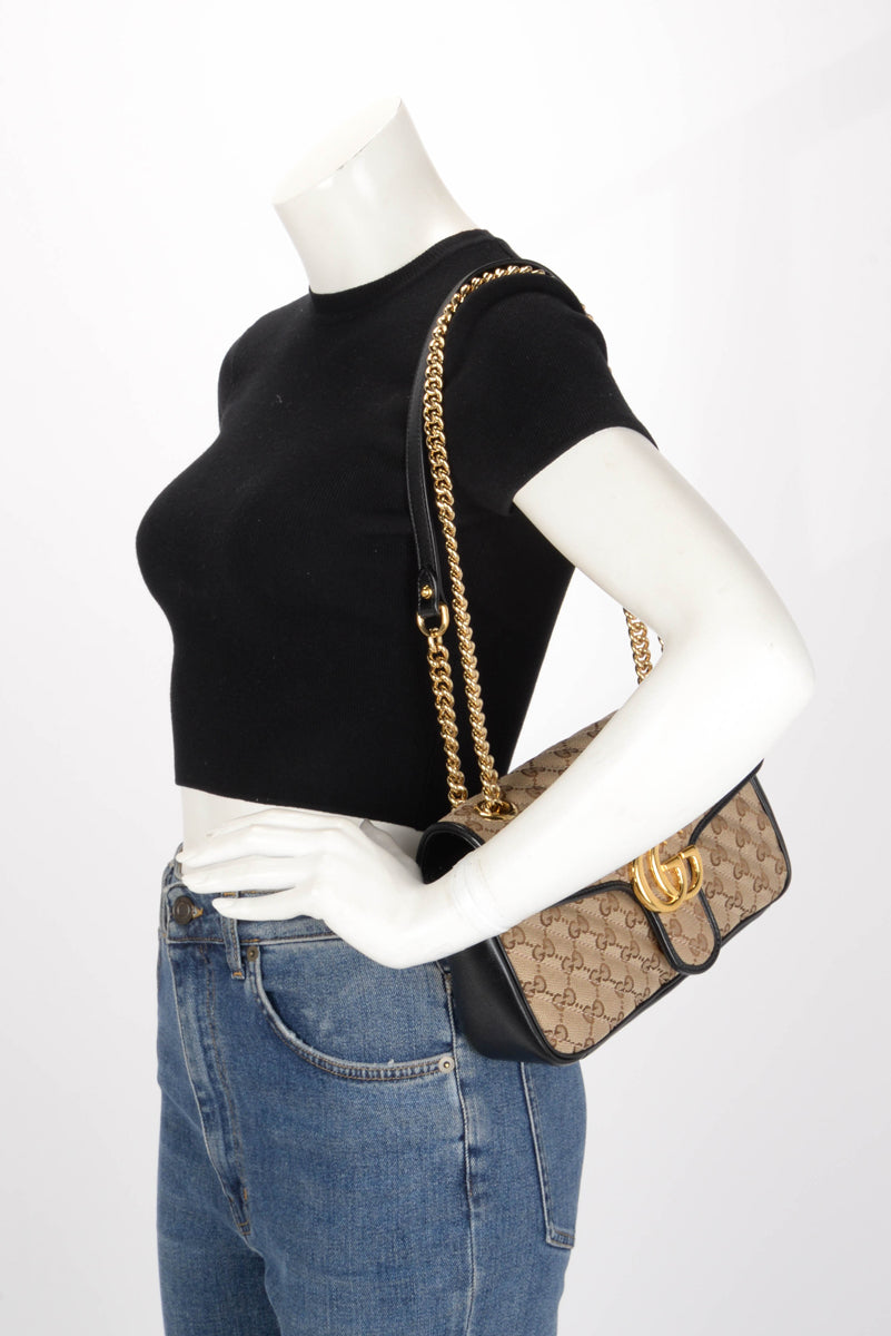 Gucci Black & Beige Monogram Matelasse Small GG Marmont Bag