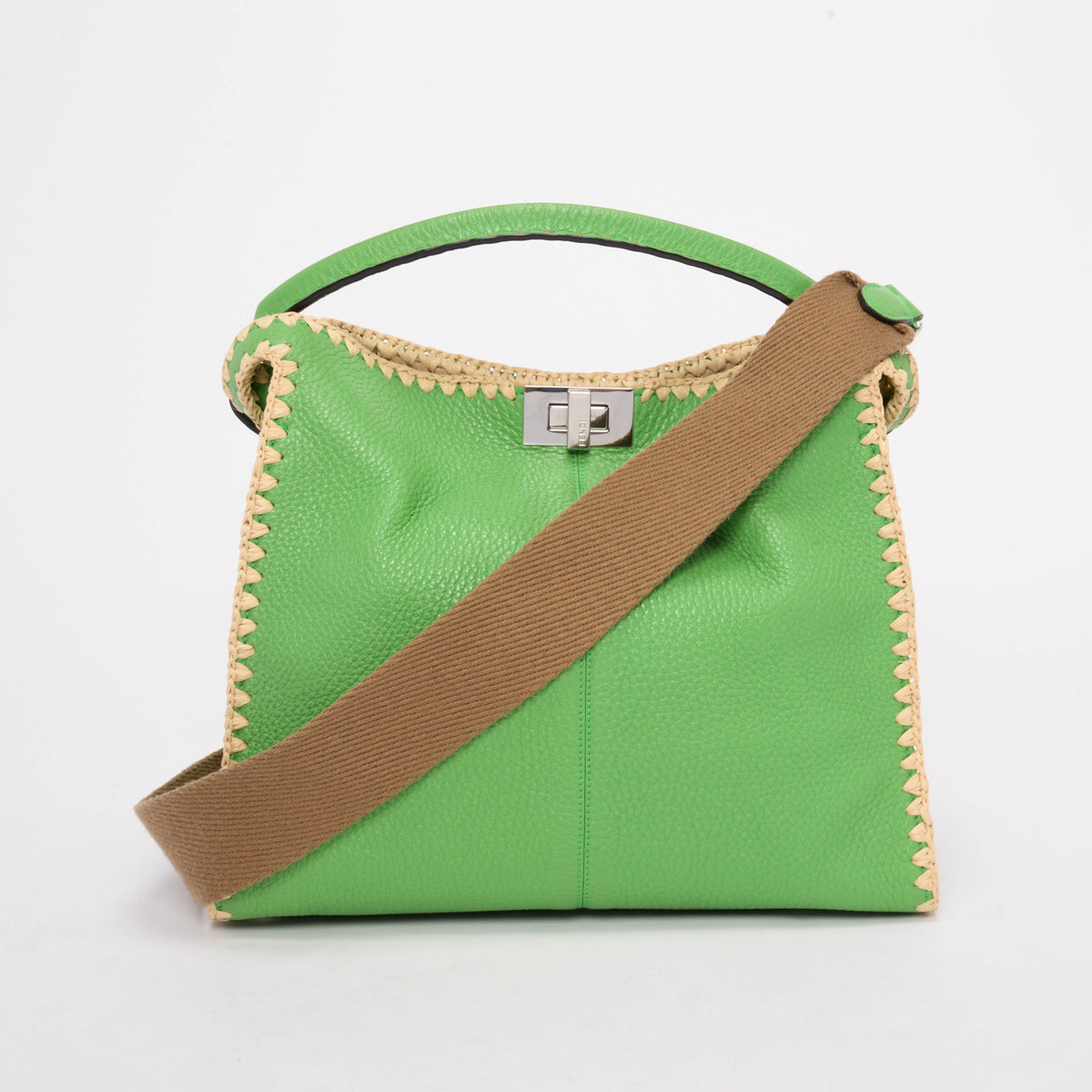 Fendi Lime Calfskin & Raffia Medium Peekaboo X-Lite Bag