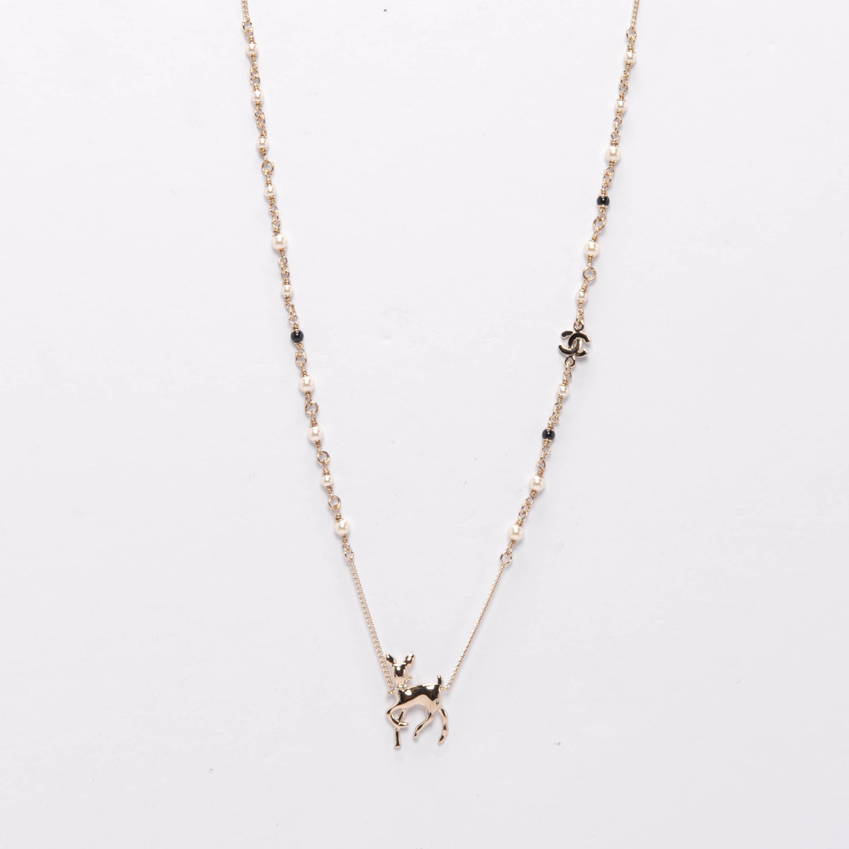 Chanel Light Gold Pearl & Crystal Doe Pendant Necklace