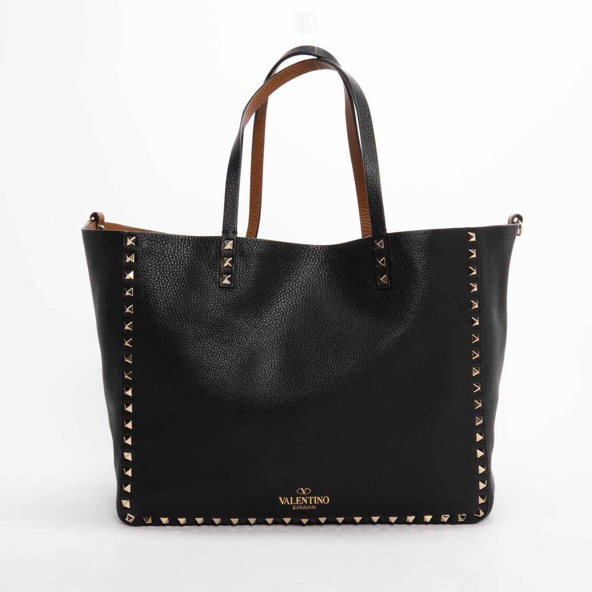 Valentino Black & Tan Grained Calfskin Reversible Rockstud Tote