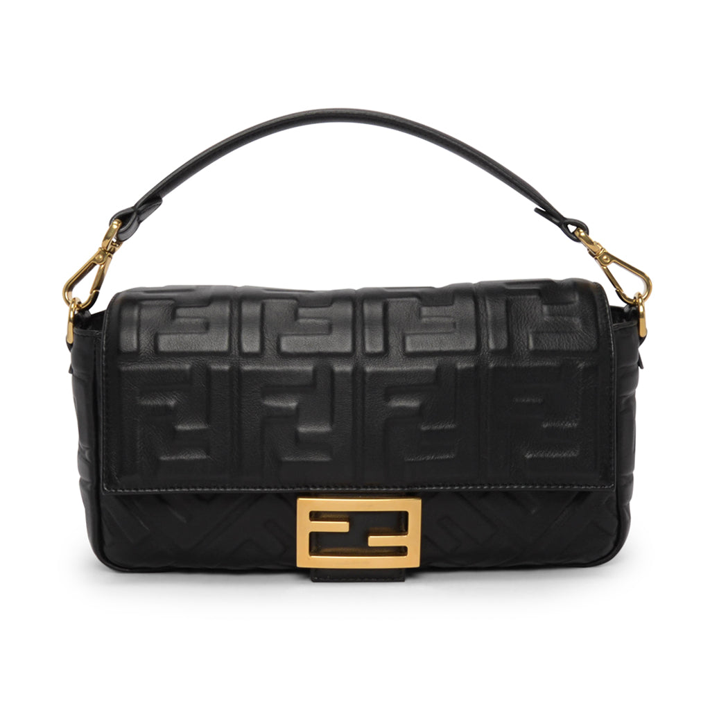 Fendi Black Nappa FF Embossed Baguette Bag