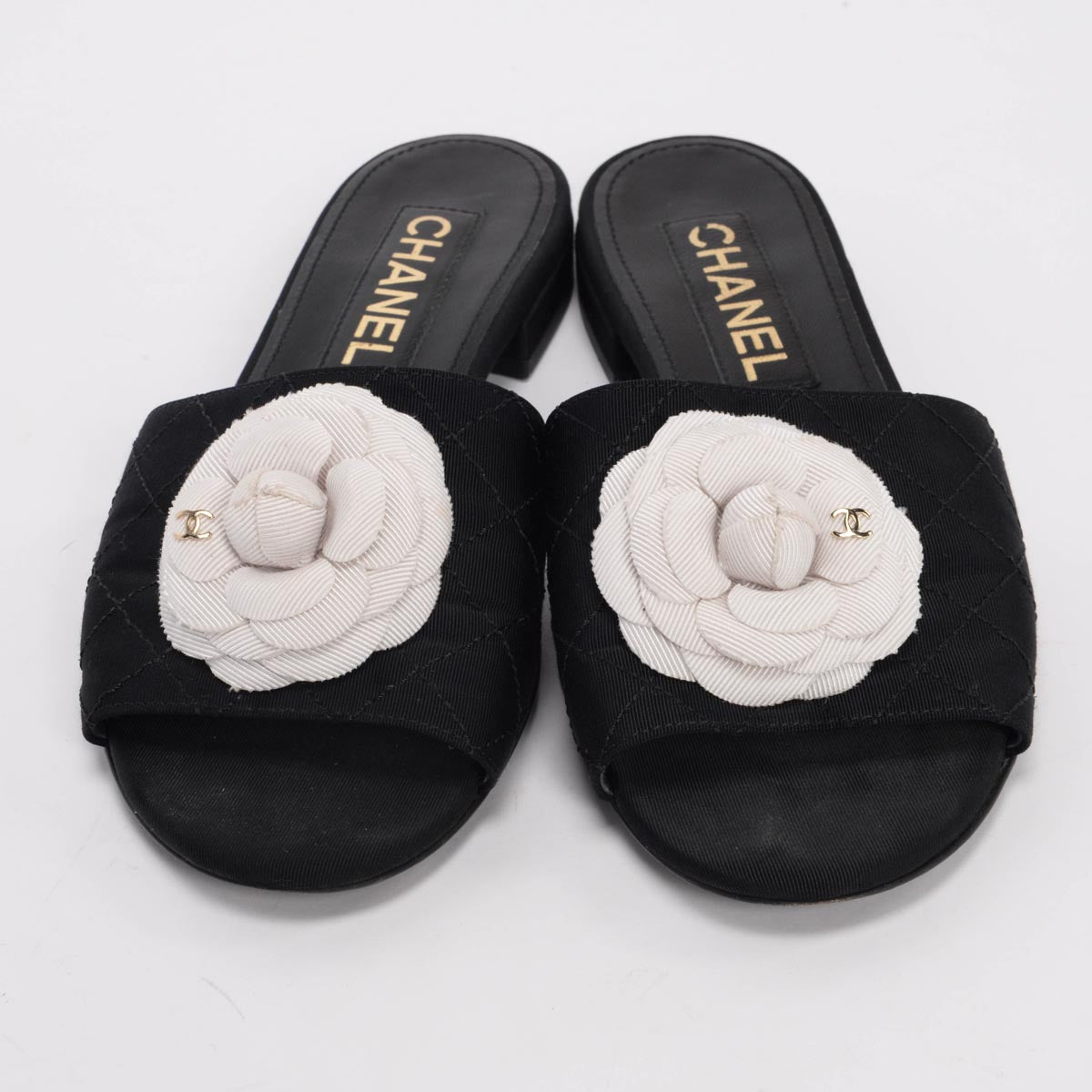 Chanel Black Grosgrain Quilted Camellia Slides 37