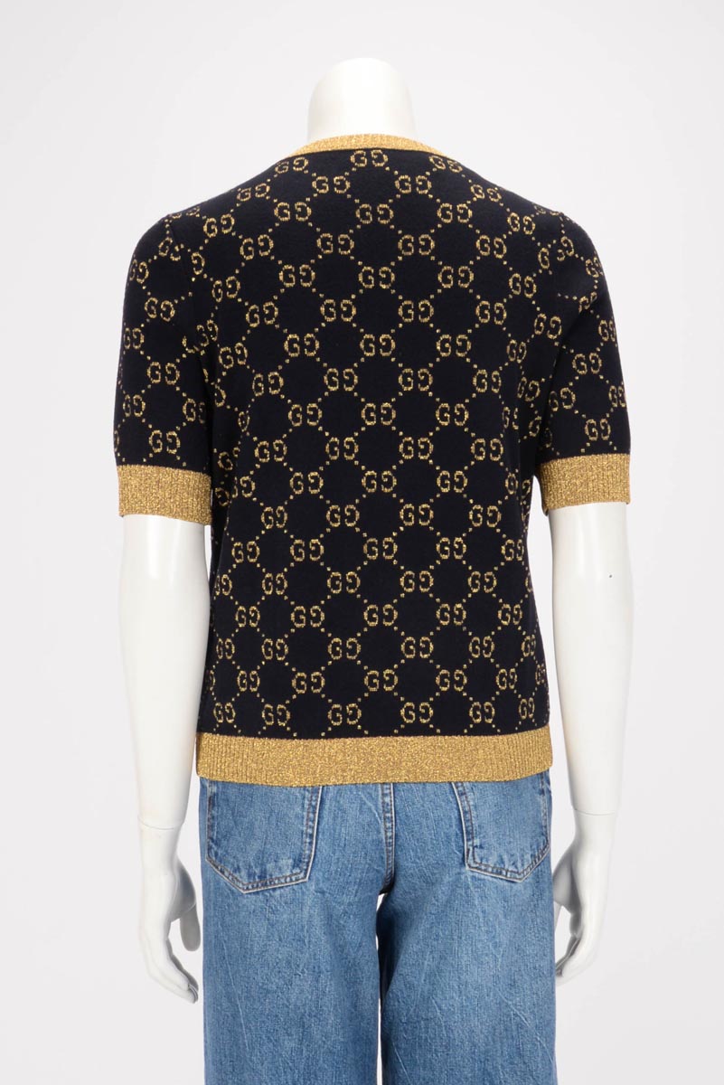 Gucci Navy & Gold Lurex Knit GG Monogram Top M