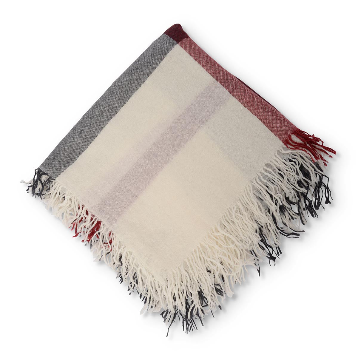 Burberry White Wool Crepe Check Fringed Scarf