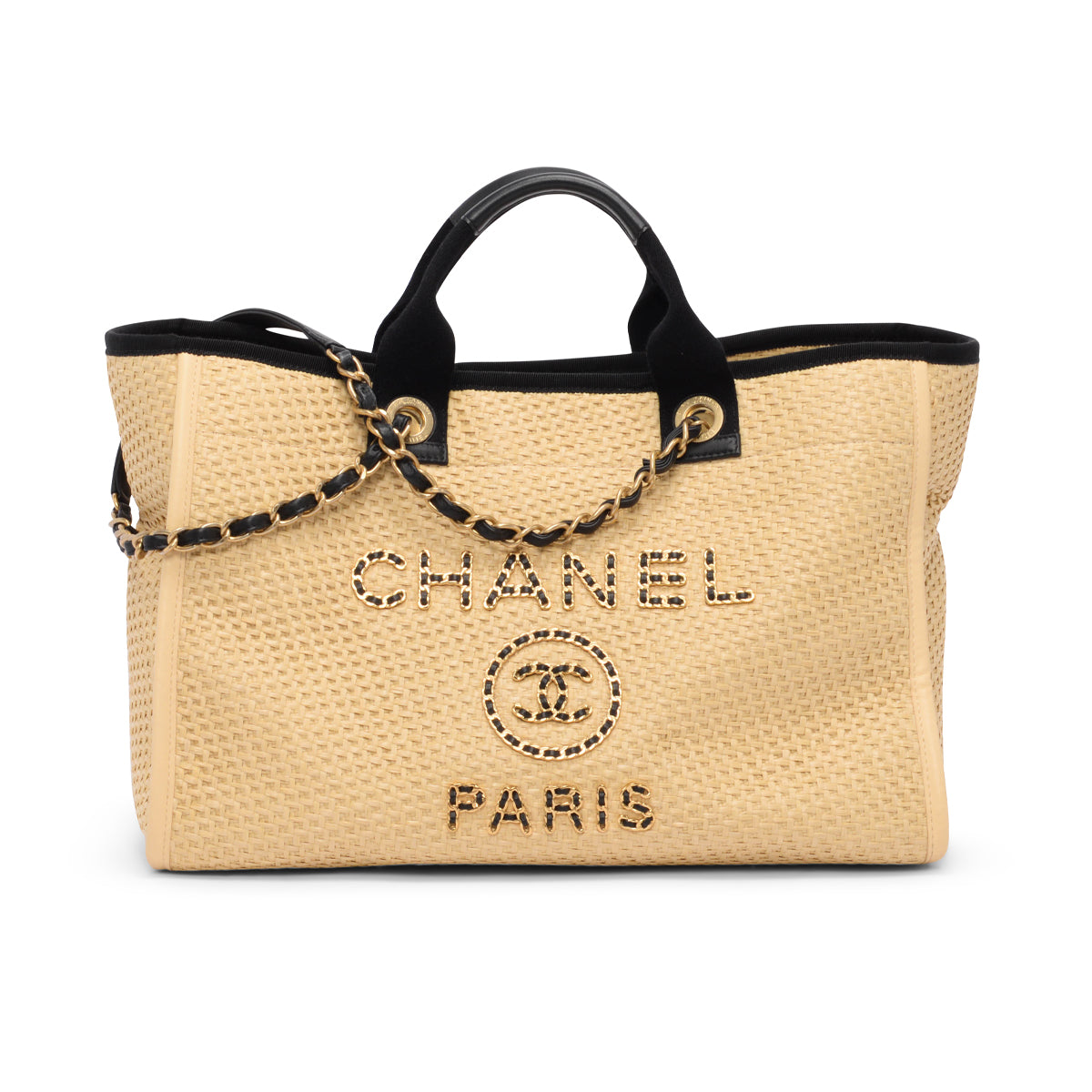 Chanel Beige & Black Raffia Medium Deauville Tote